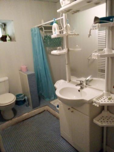 une salle de bain avec un lavabo, des toilettes et une douche dans l'établissement la Belle Charentaise, à Mainxe