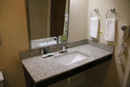 a bathroom with a sink and a mirror at Sleep Inn near Great Lakes Naval Base in Lake Bluff