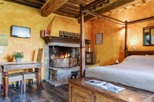 a bedroom with a bed and a fireplace at Agriturismo Biologico Sant'Egle in Sorano