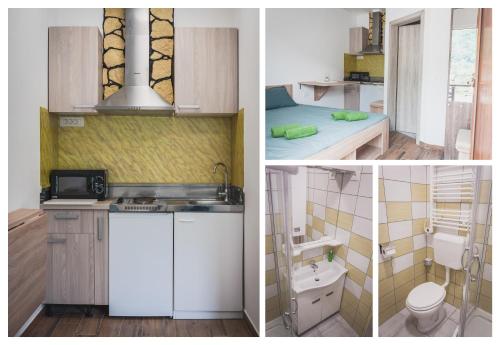 three pictures of a kitchen with a sink and a toilet at Apartmaji Hrast - Podbela in Podbela