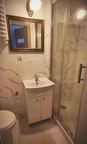 a bathroom with a sink and a shower at Agroturystyka Szerokopaś in Nidzica