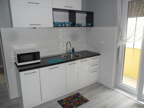 eine kleine Küche mit einer Spüle und einer Mikrowelle in der Unterkunft ArenaStreet Apartmani in Pula