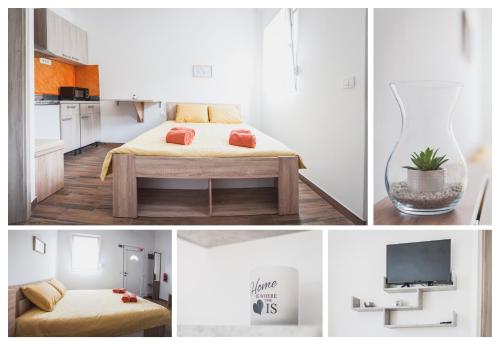 a collage of photos of a room with a bed and a tv at Apartmaji Hrast - Podbela in Podbela