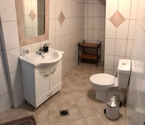 a bathroom with a sink and a toilet at Captain Michalis house in Parga