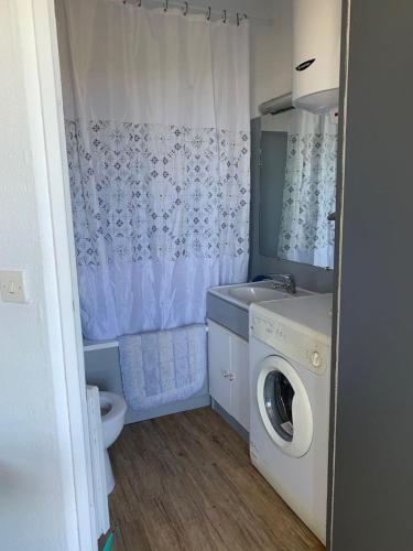 ein Badezimmer mit einer Waschmaschine und einem Waschbecken in der Unterkunft Studio 203 - Greoux in Gréoux-les-Bains