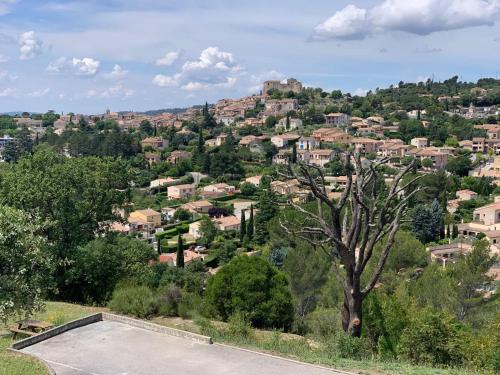 Blick auf eine Stadt mit Häusern und einem Baum in der Unterkunft Studio 203 - Greoux in Gréoux-les-Bains