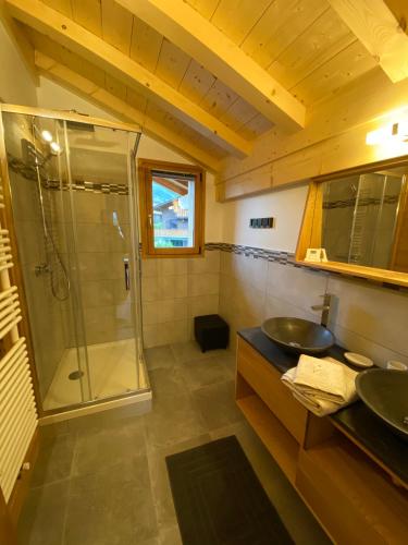 une salle de bain avec douche et lavabo dans l'établissement Chalet luxe L'HIBISCUS, à Samoëns