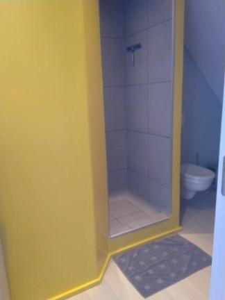 a small bathroom with a shower and a toilet at B&B Hoeven Het Gehucht in Overpelt