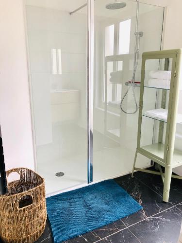 a shower with a glass door and a blue rug at Maison BB Burgonce Bohème centre avec extérieur WIFI gratuit et NETFLIX in Niort