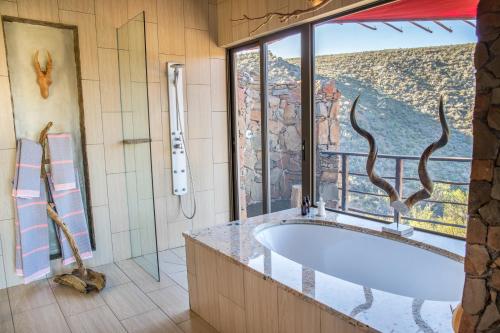 een badkamer met een bad en een groot raam bij White Lion Lodge on Sanbona in Montagu