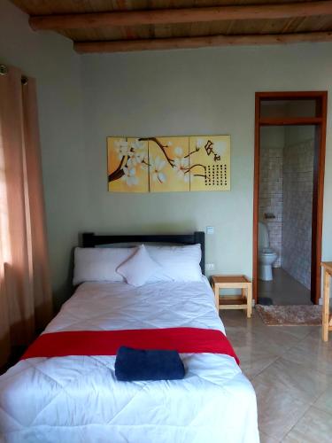 a bedroom with a white bed with a red blanket at Tusubira village in Jinja