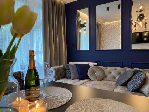 a living room with a couch and a table at Family & Business Sauna Apartments No 6 Leśny nad Zalewem Cedzyna - 1 Bedroom with Private Sauna, Terrace, Parking, Catering Options in Kielce