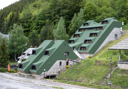 ein großes, grünes Gebäude an der Seite eines Hügels in der Unterkunft Guest House Villa Rankovic in Brzeće