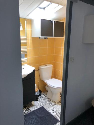 uma casa de banho com um WC e um lavatório em Petite maison tout confort em Esnandes