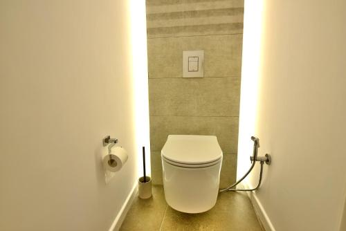 a bathroom with a white toilet in a stall at Hydra Icons in Hydra