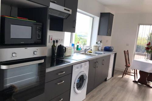 a kitchen with a washing machine and a microwave at Robin's Nest in Donegal