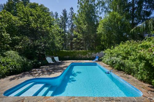 a blue swimming pool in a yard with trees at Nowa Stodoła in Kuligów