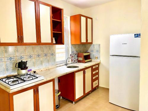 Il comprend une cuisine équipée d'un réfrigérateur blanc et d'une cuisinière. dans l'établissement Gera Apart Pontos, à Kemer
