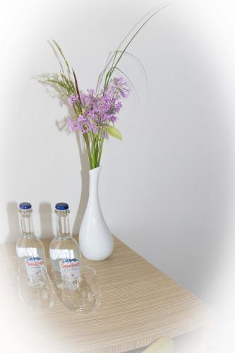 two bottles of water and a vase with flowers on a shelf at Bourquin Hotel - Lycée Hôtelier Christian Bourquin in Argelès-sur-Mer