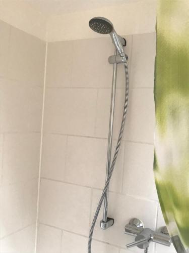 a shower with a shower head in a bathroom at Ferienhaus Schädertalblick in Wolfshagen