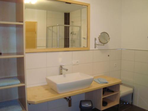 a bathroom with a sink and a mirror at Haus Alexander in Pfunds