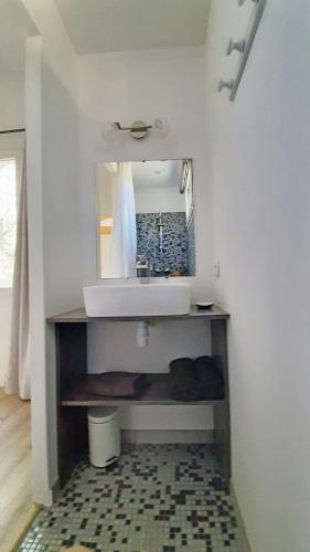une salle de bain avec un lavabo et un miroir dans l'établissement Le Cabanon, à Sainte-Croix-à-Lauze
