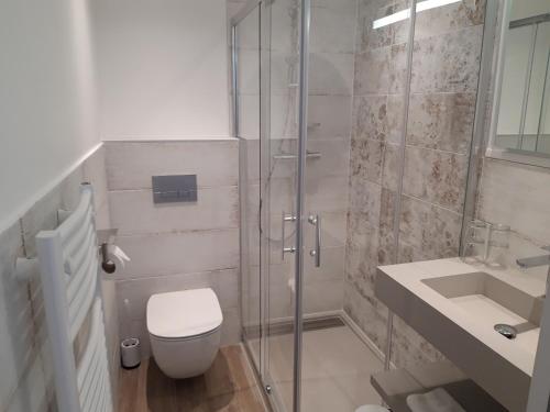 a bathroom with a shower and a toilet and a sink at L'Expression in Saint-Jean-de-Marsacq