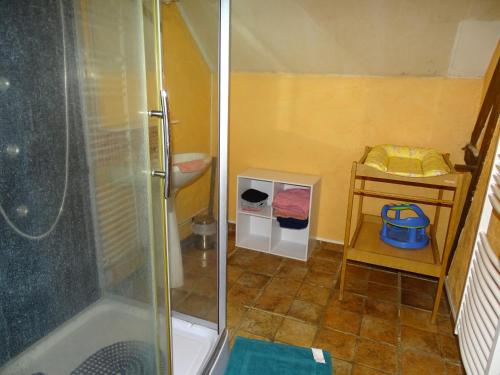 baño pequeño con ducha y lavamanos en Maison Coeur de Brenne en Rosnay