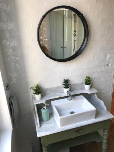 La salle de bains est pourvue d'un lavabo et d'un miroir. dans l'établissement AU NAIN ROUGE gite vintage de charme, à Cormeilles