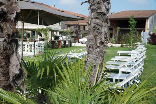 a row of white lounge chairs in a yard at B&B Eldorado in Sommacampagna