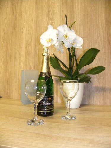a bottle of champagne and two glasses on a table at Apartment WELLNESS Vlčková in Vlčková