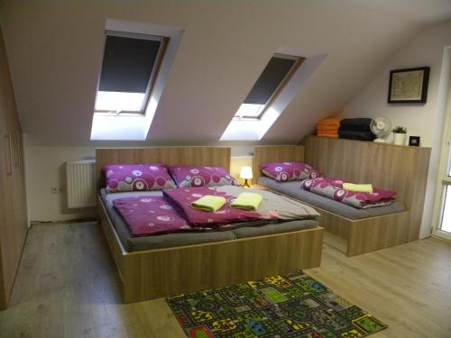 two beds in a room with skylights at Apartment WELLNESS Vlčková in Vlčková