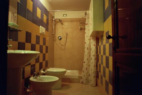 y baño con lavabo, aseo y ducha. en B&B L'Intrigante, en Seborga