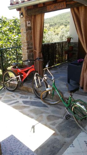 uma bicicleta estacionada num alpendre ao lado de uma casa em La Cabaña Romantica de Llano em Valência de Alcântara