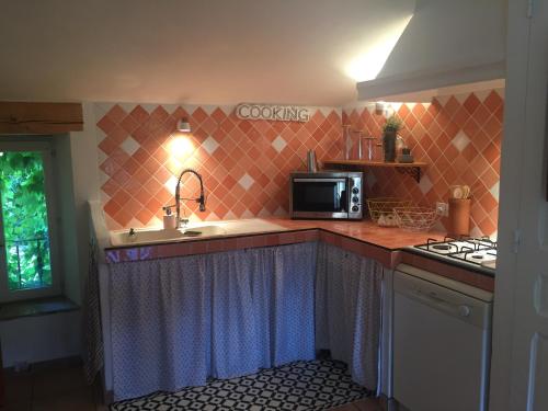 a kitchen with a sink and a microwave at GITE COCOTTE LUBERON, FORCALQUIER in Pierrerue