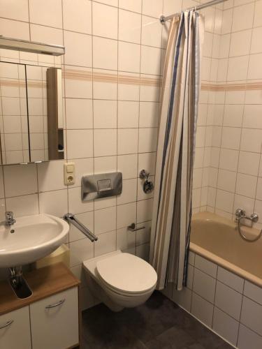 a bathroom with a toilet and a sink at Ferienwohnung Katja in Bad Lippspringe