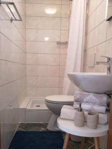 a bathroom with a sink and a toilet and a shower at Old Town Studio in Novigrad Istria