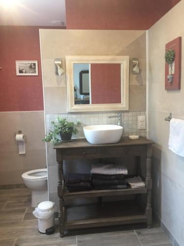a bathroom with a sink and a toilet at Côté jardin des Charmilles in Quettehou