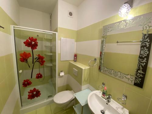 a bathroom with a sink and a toilet and a shower at Apartments Monty Podhájska in Podhájska