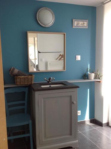 a bathroom with a sink and a mirror at Gîte Bambou in Saint-Lunaire