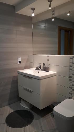 a bathroom with a sink and a toilet at Przy Przystani in Stegna