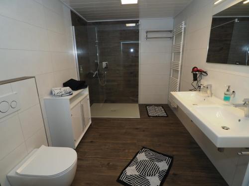 une salle de bain avec toilettes, lavabo et douche dans l'établissement Ferienwohnung Sanwald, à Schwäbisch Hall