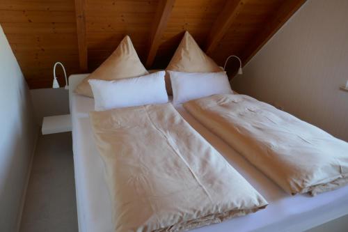 a group of pillows sitting on a bed at Ferienwohnung Weinbergliebe am Tuniberg zwischen Freiburg und Frankreich in Merdingen