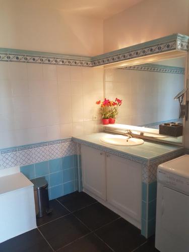 une salle de bain avec un lavabo et un miroir dans l'établissement Appartement calme lumineux face a la mer, à Sète