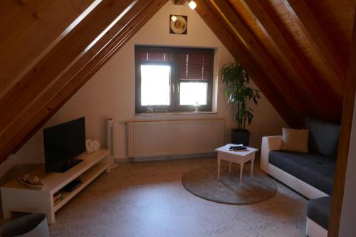 a living room with a couch and a tv at Ferienwohnung Weinbergliebe am Tuniberg zwischen Freiburg und Frankreich in Merdingen