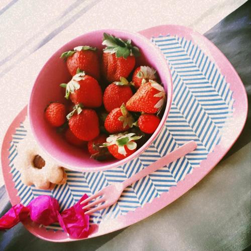 a pink bowl of strawberries on a plate at Casa sui Tetti in Ozieri