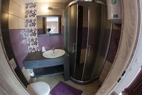 a bathroom with a sink and a shower at Camelot in Łeba