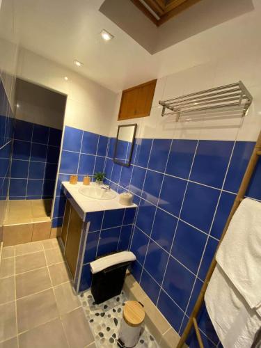 a blue tiled bathroom with a toilet and a sink at La Plainitude in Le Bois de Nèfles