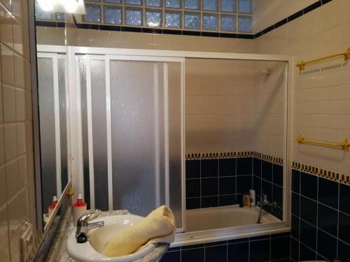 a bathroom with a shower and a sink and a tub at THE POPPIES Guest House - 100m Ocean - Private Spaces in Candelaria