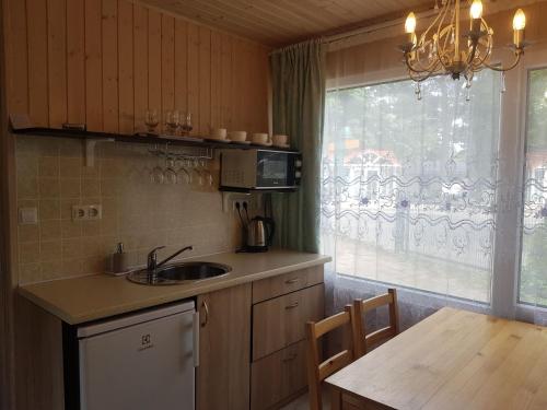 a kitchen with a sink and a table and a window at Poilsiavietė Mano Maljorka in Šventoji